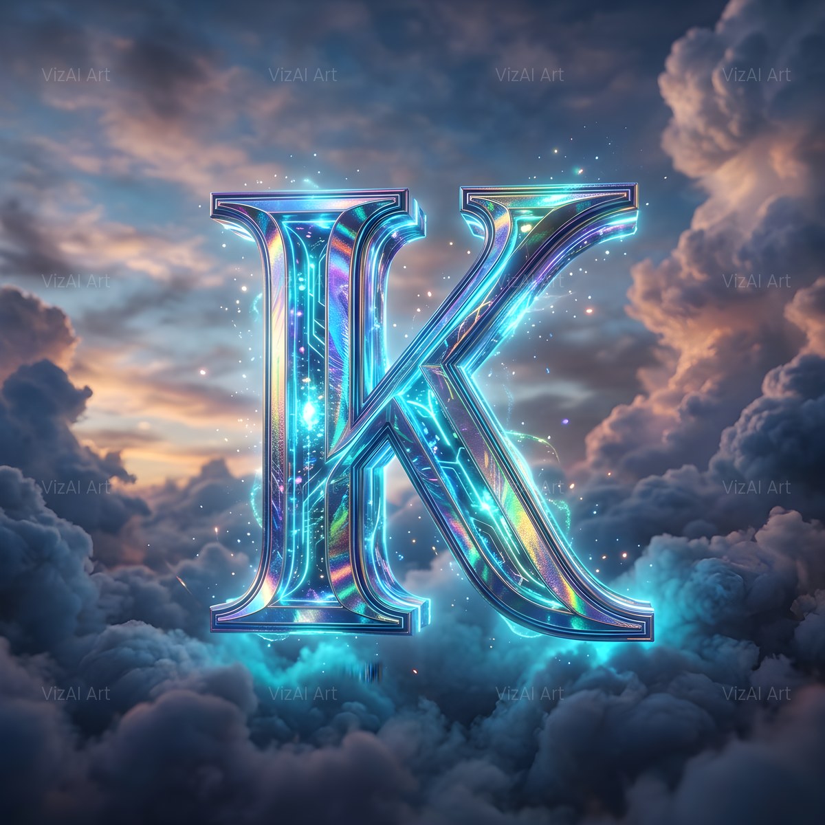 Cloud Sky Iridescent alphabet — printable letter K
