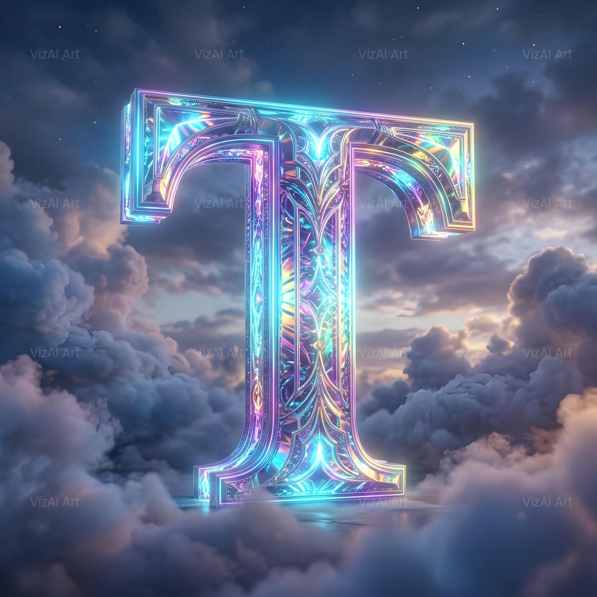 Cloud Sky Iridescent alphabet — printable letter T