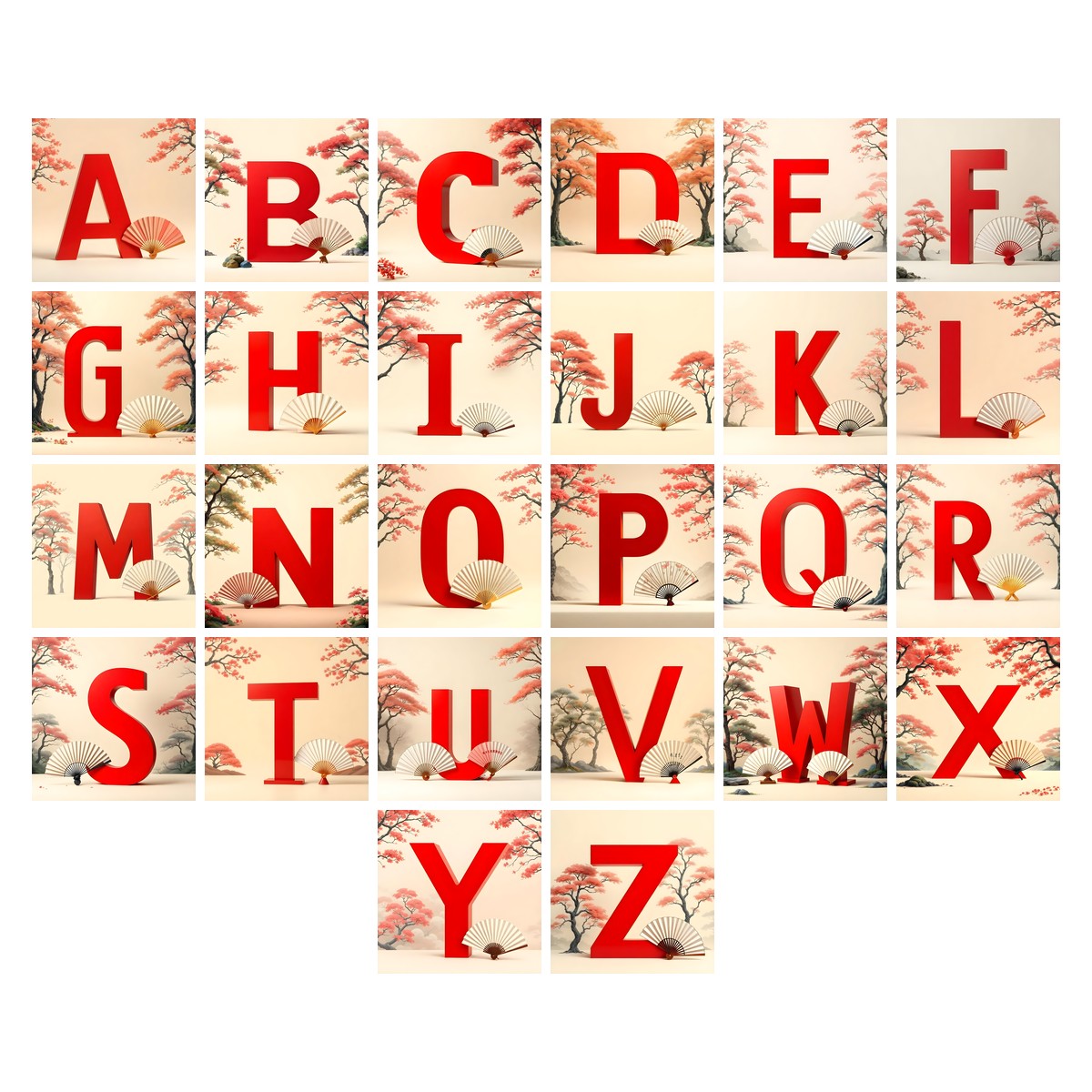 Japanese Fan Blossom alphabet — all 26 letters A to Z, choose any single letter