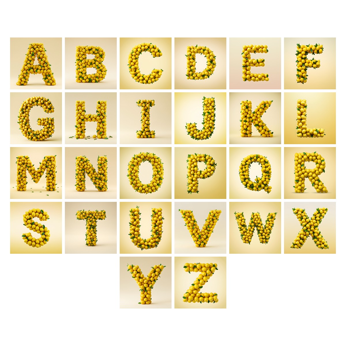 Lemon Grove Zest alphabet — all 26 letters A to Z, choose any single letter