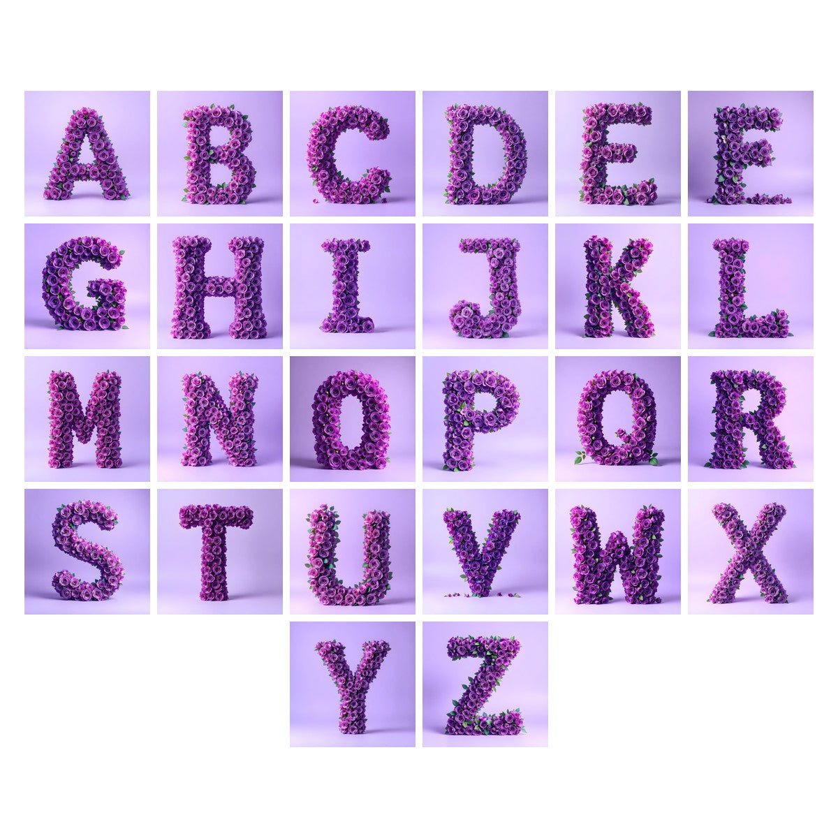 Lilac Rose Cluster alphabet — all 26 letters A to Z, choose any single letter