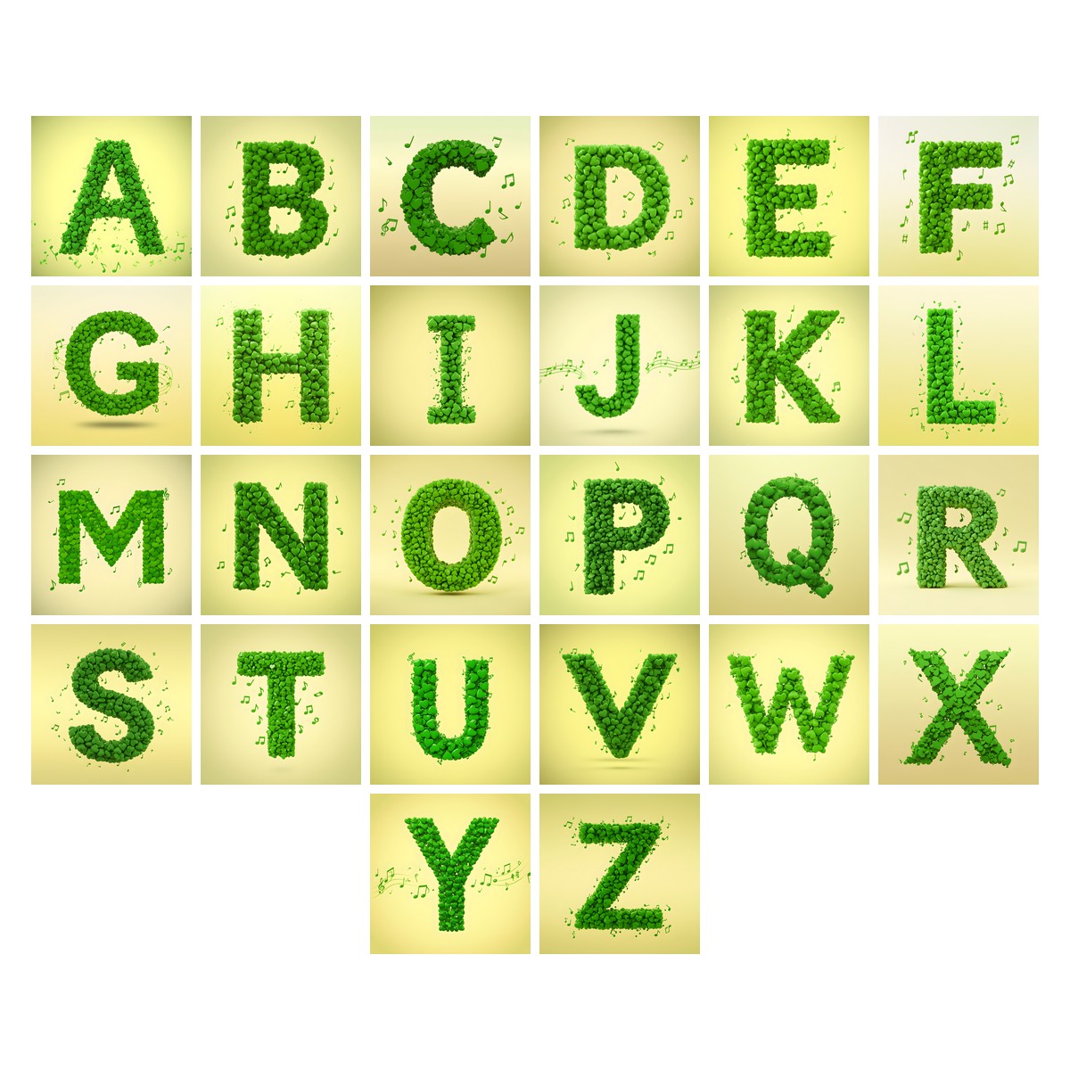 Moss Garden Note alphabet — all 26 letters A to Z, choose any single letter