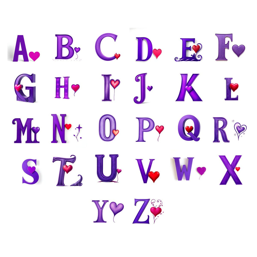 Minimal Purple Heart alphabet — all 26 letters A to Z, choose any single letter