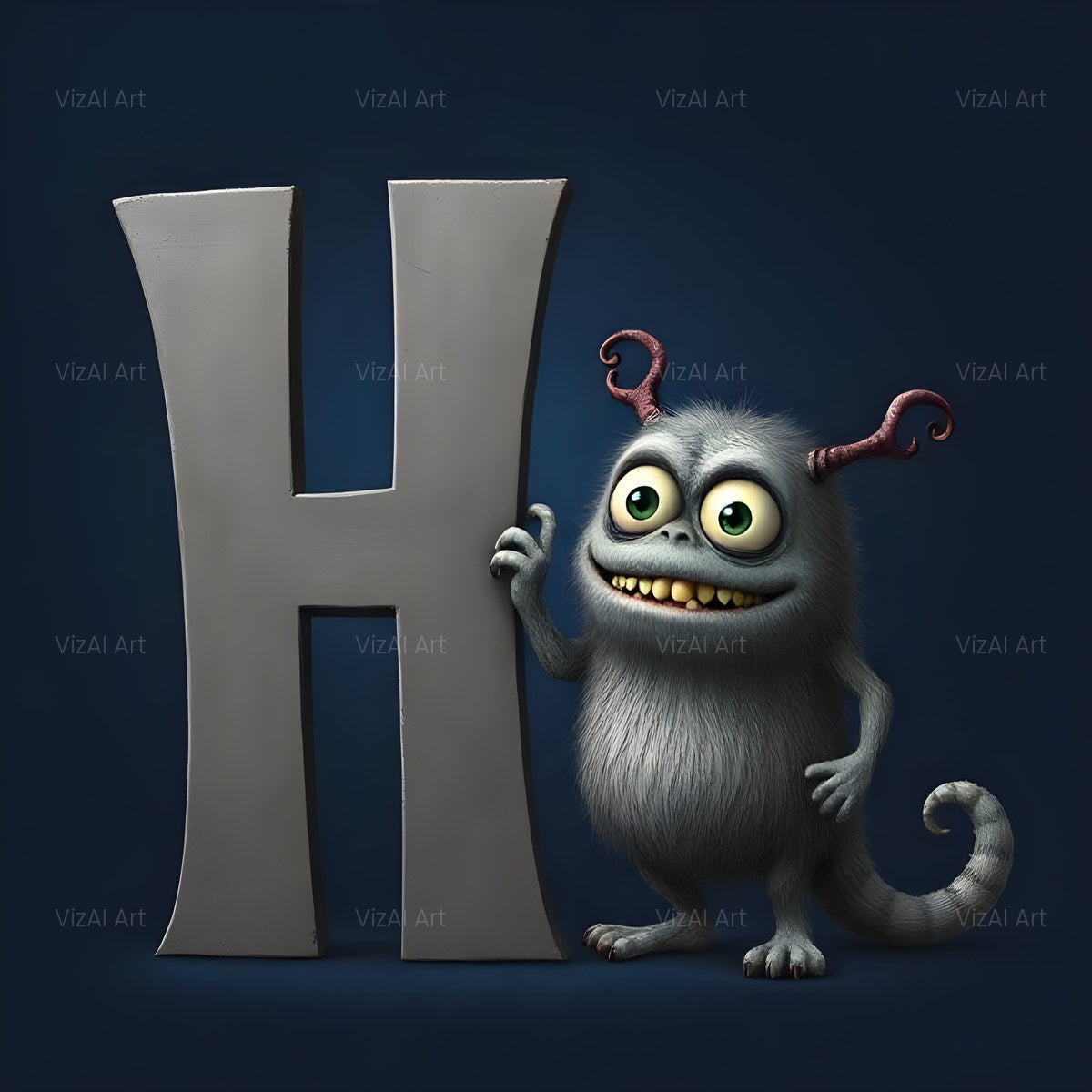 Fuzzy Blue Monster alphabet — printable letter H