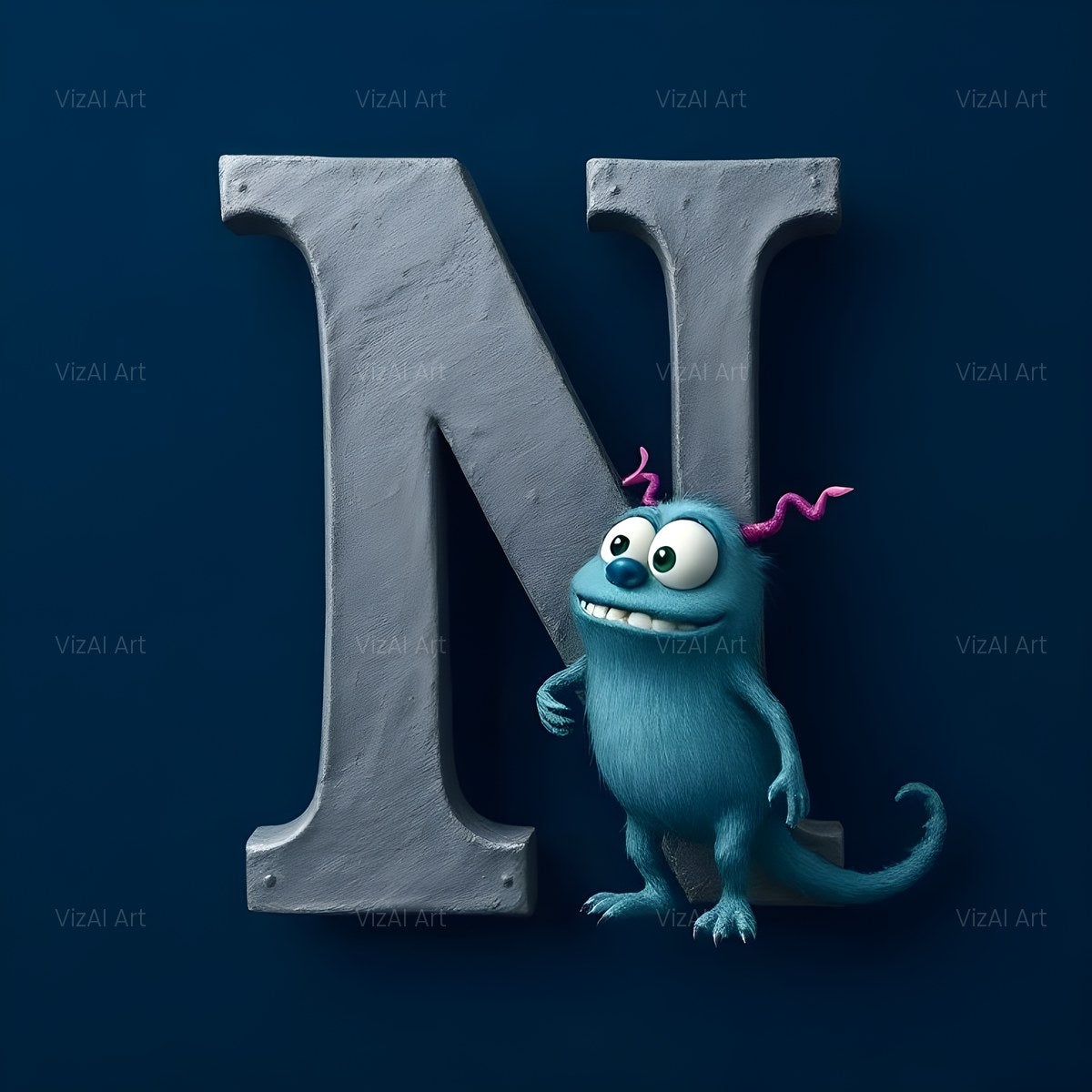 Fuzzy Blue Monster alphabet — printable letter N