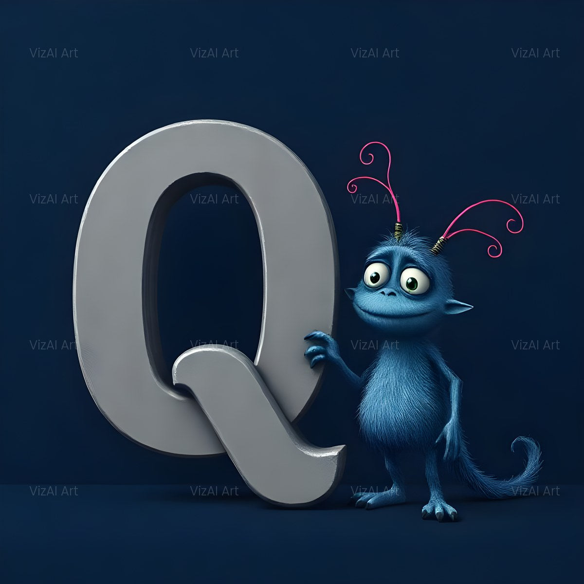 Fuzzy Blue Monster alphabet — printable letter Q