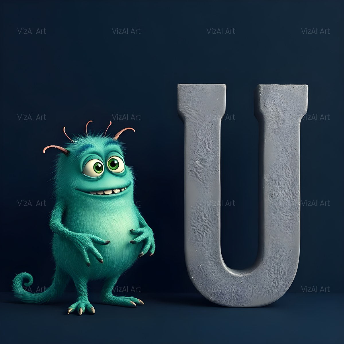 Fuzzy Blue Monster alphabet — printable letter U
