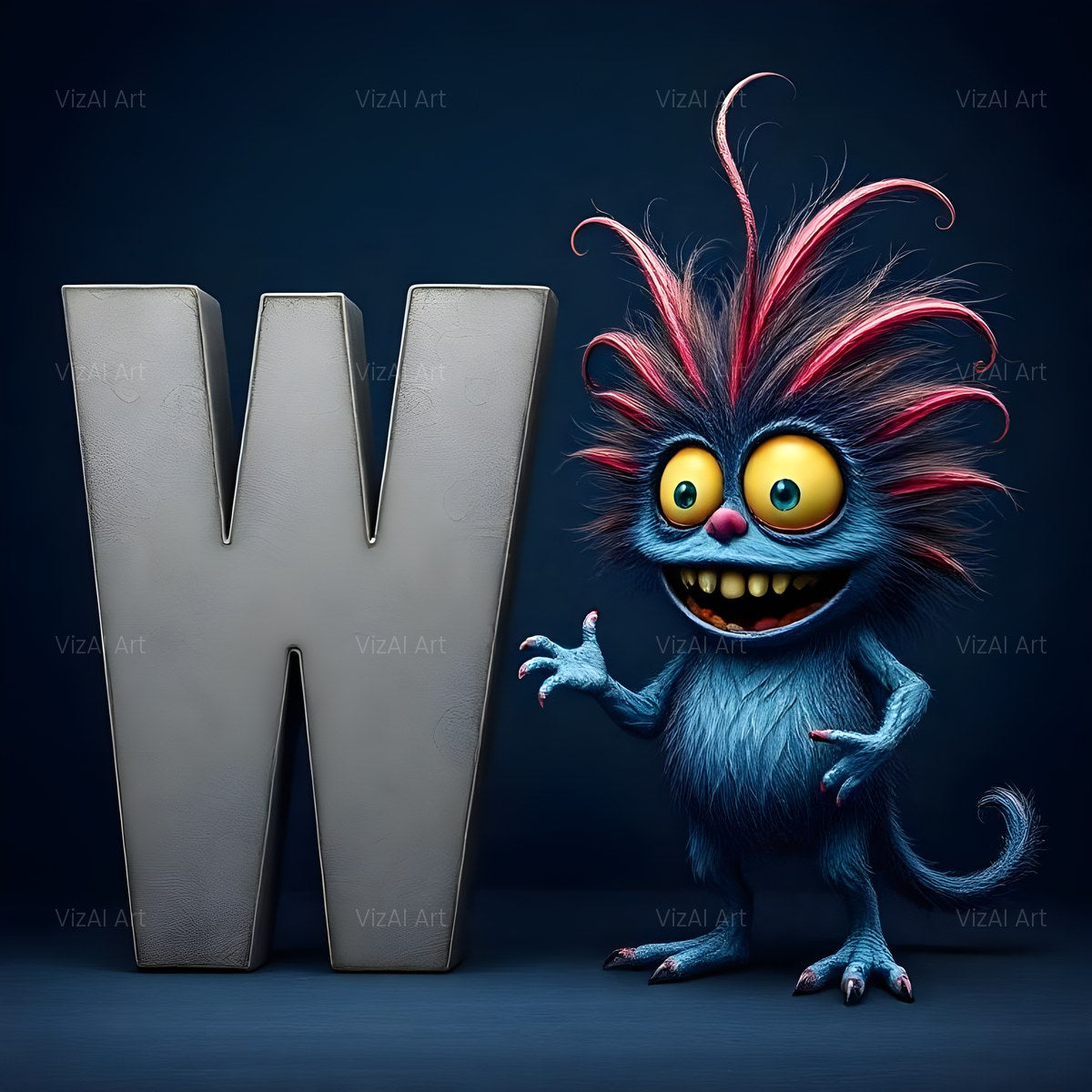 Fuzzy Blue Monster alphabet — printable letter W
