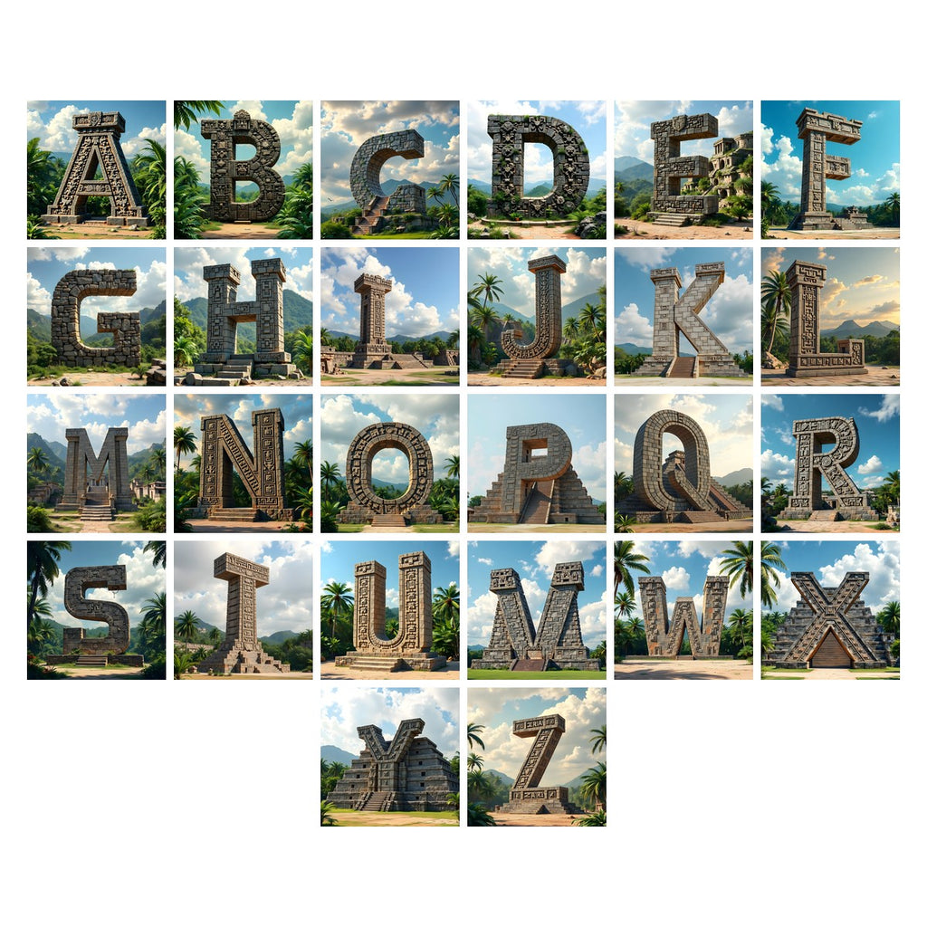 Mayan Stone Temple alphabet — all 26 letters A to Z, choose any single letter