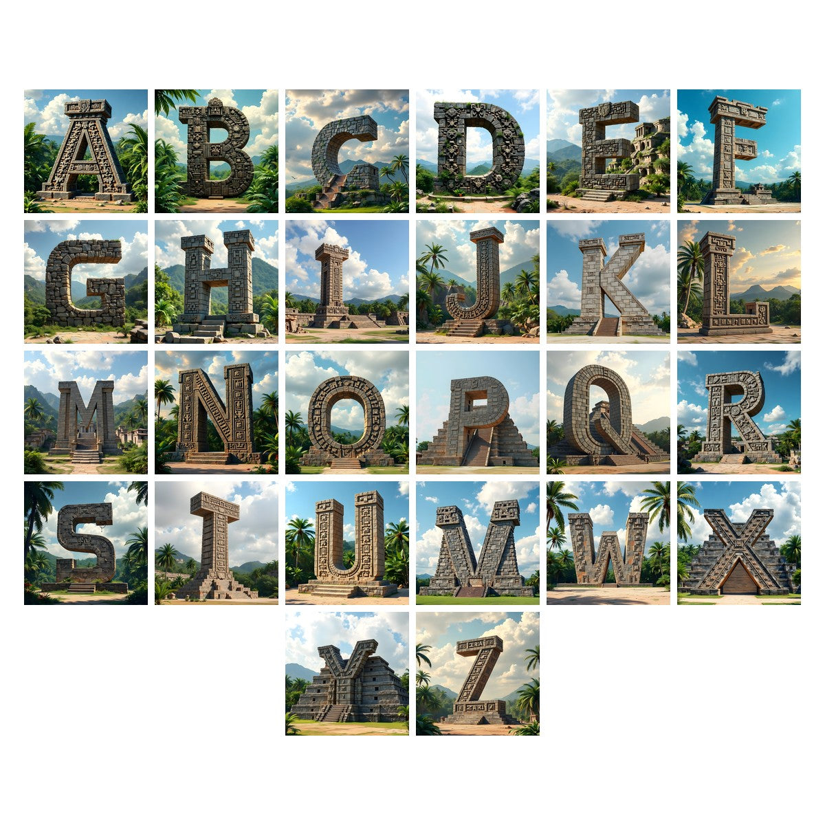Mayan Stone Temple alphabet — all 26 letters A to Z, choose any single letter