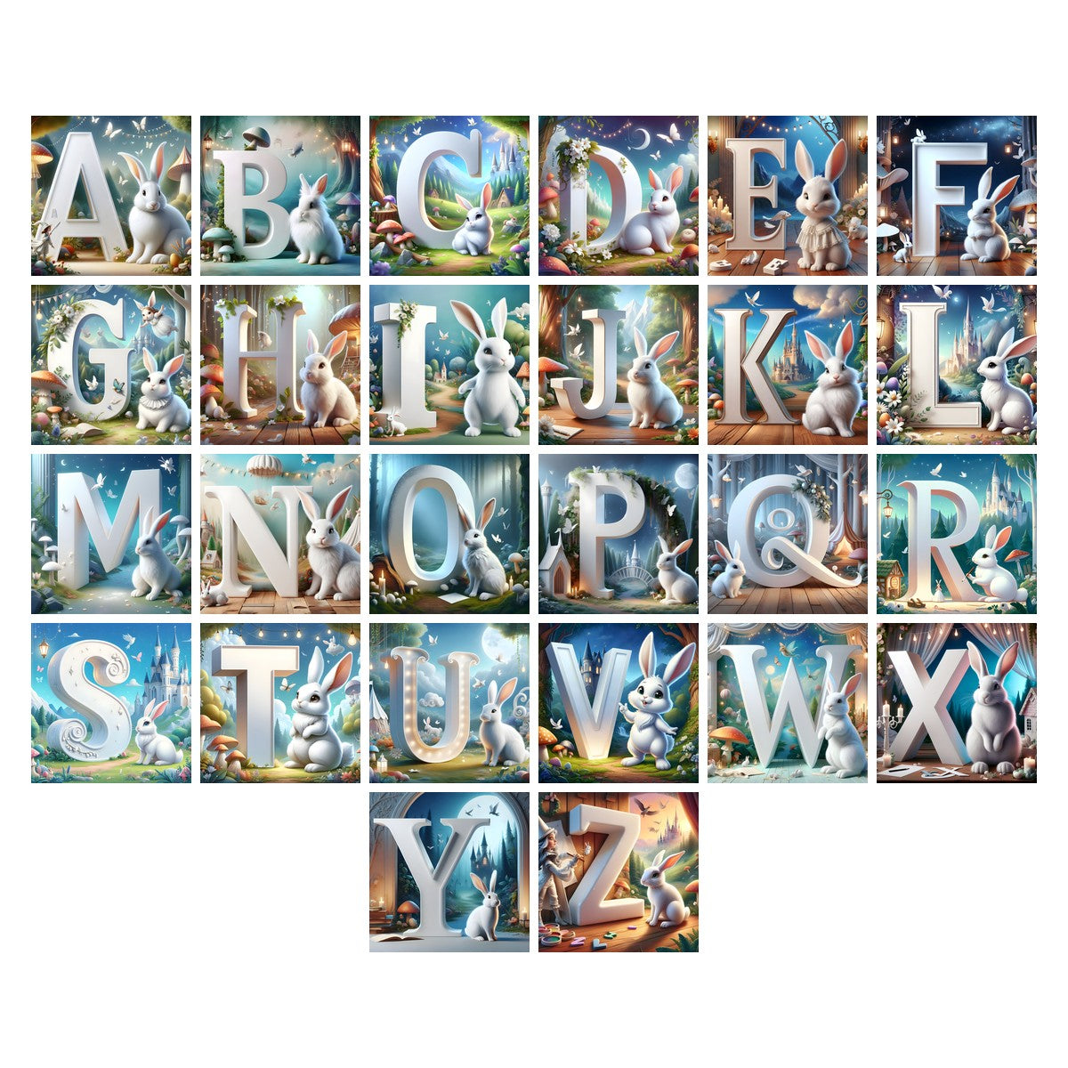 White Rabbit Meadow alphabet — all 26 letters A to Z, choose any single letter