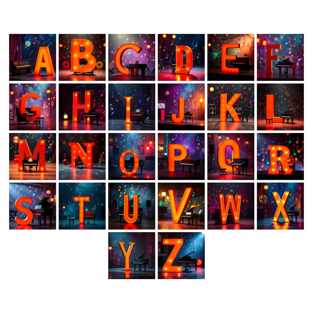 Neon Piano Stage alphabet — all 26 letters A to Z, choose any single letter