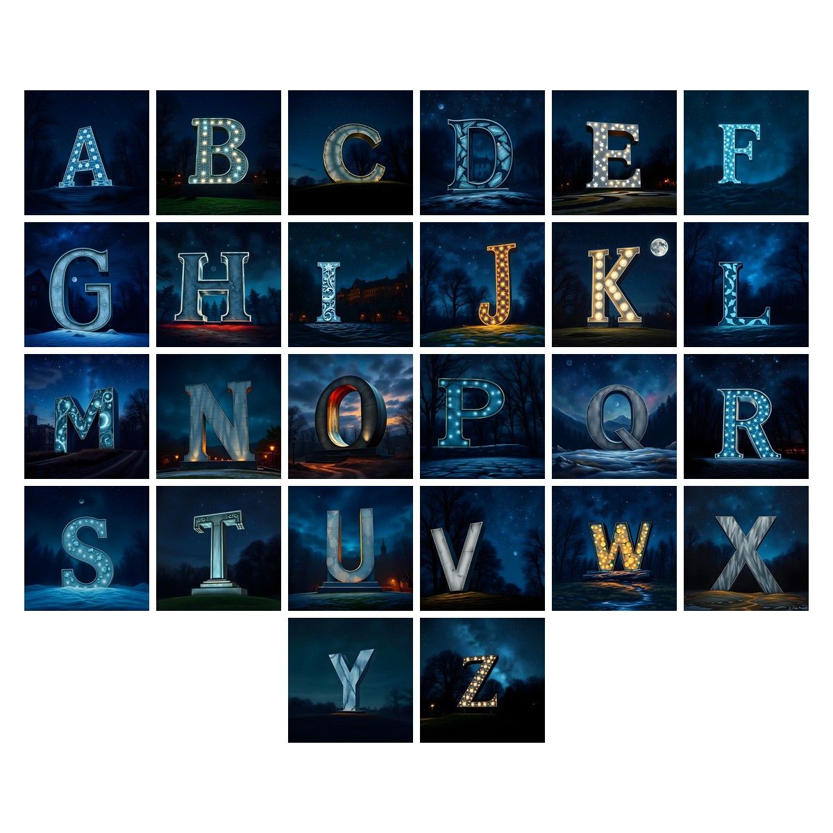 Night Garden Lights alphabet — all 26 letters A to Z, choose any single letter
