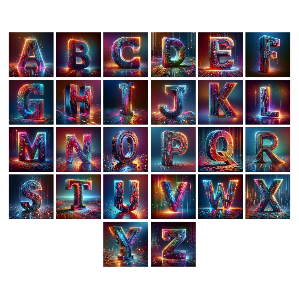 Neon Grid Pulse alphabet — all 26 letters A to Z, choose any single letter