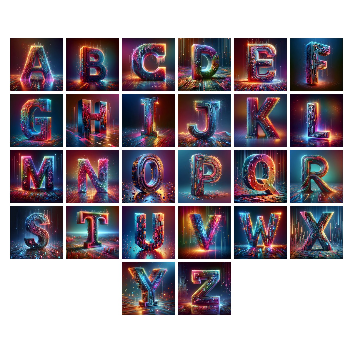Neon Grid Pulse alphabet — all 26 letters A to Z, choose any single letter