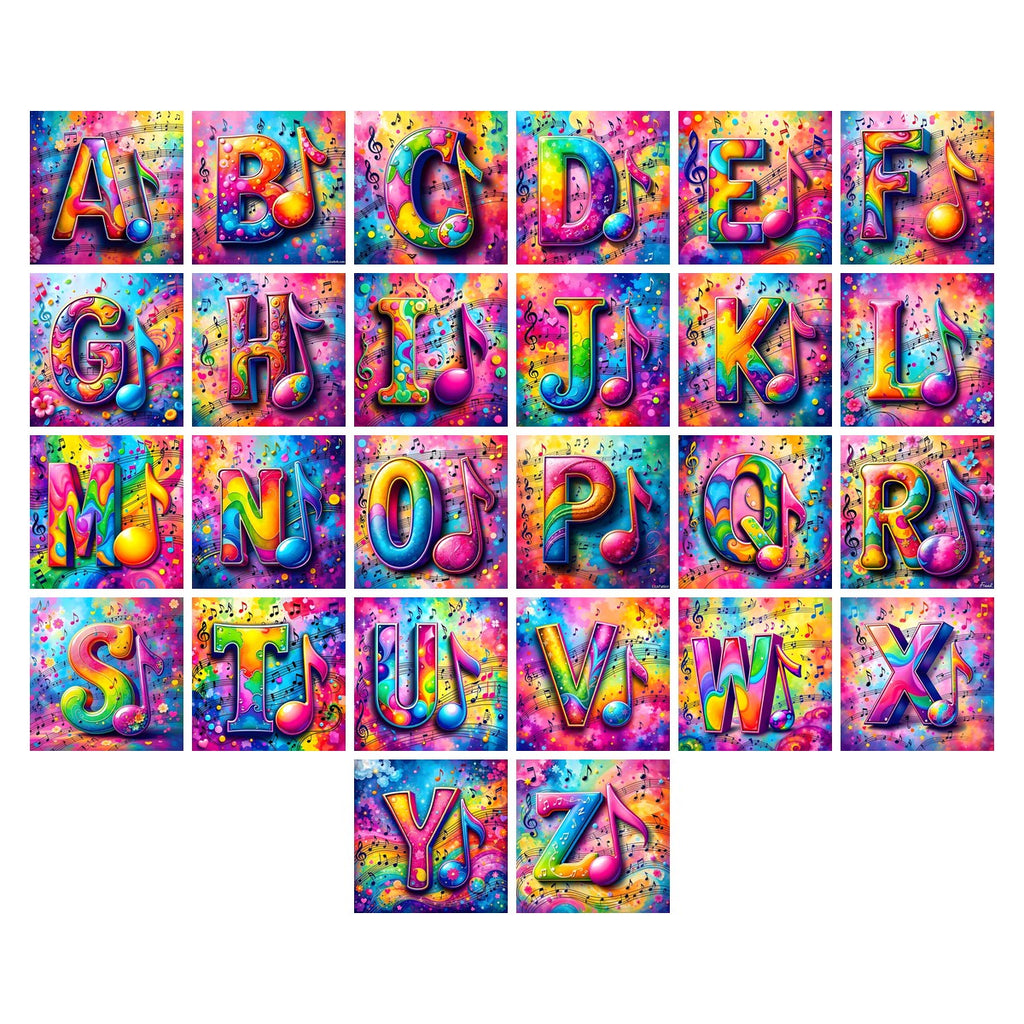 Confetti Music Note alphabet — all 26 letters A to Z, choose any single letter