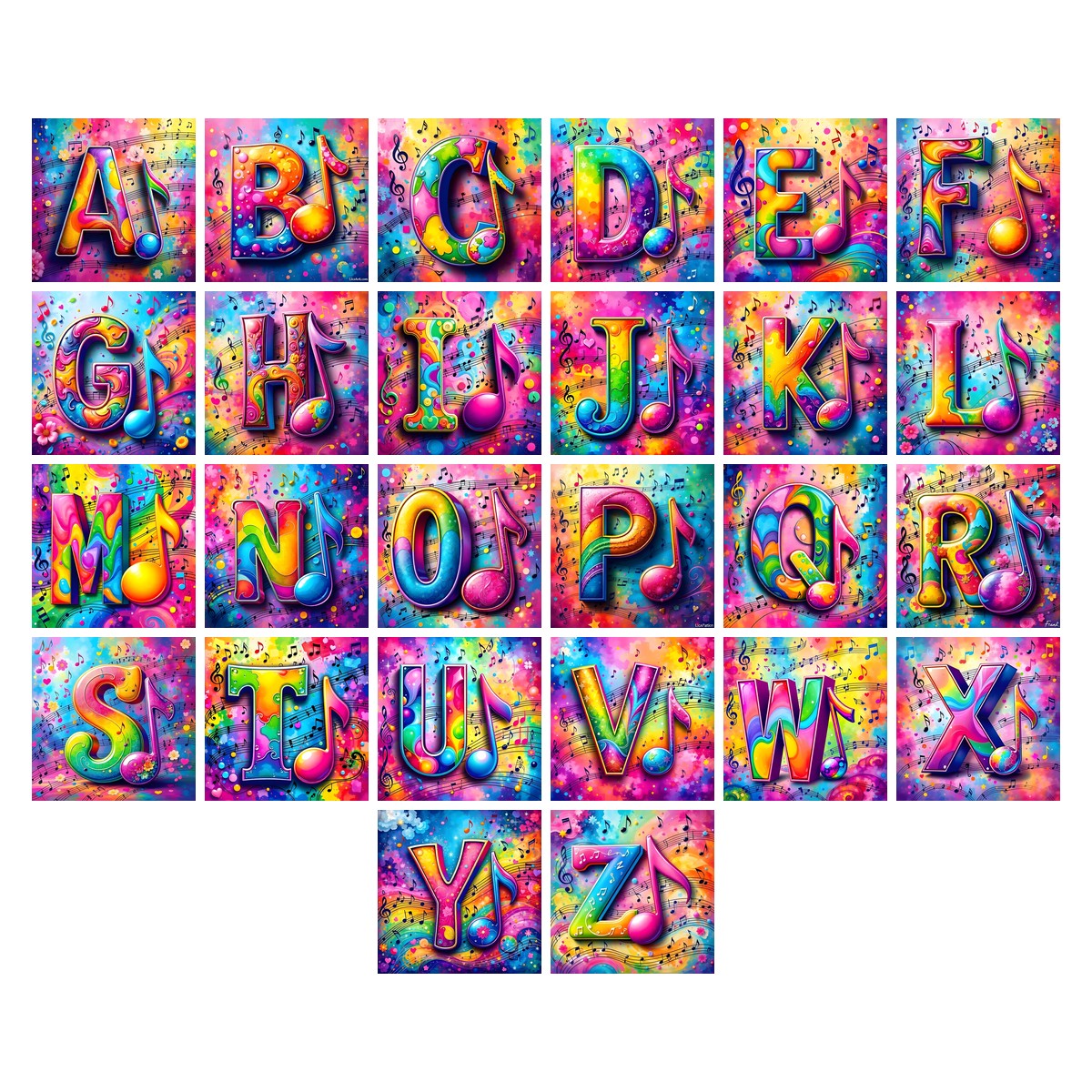Confetti Music Note alphabet — all 26 letters A to Z, choose any single letter