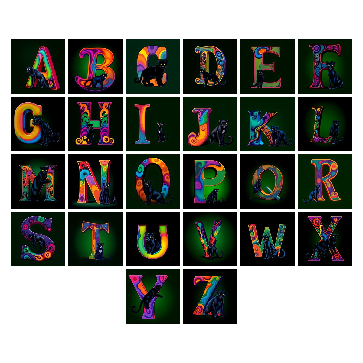 Neon Panther Prowl alphabet — all 26 letters A to Z, choose any single letter