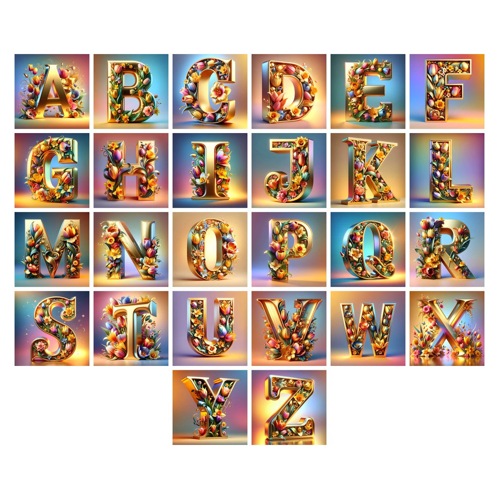 Gold Leaf Blossom alphabet — all 26 letters A to Z, choose any single letter