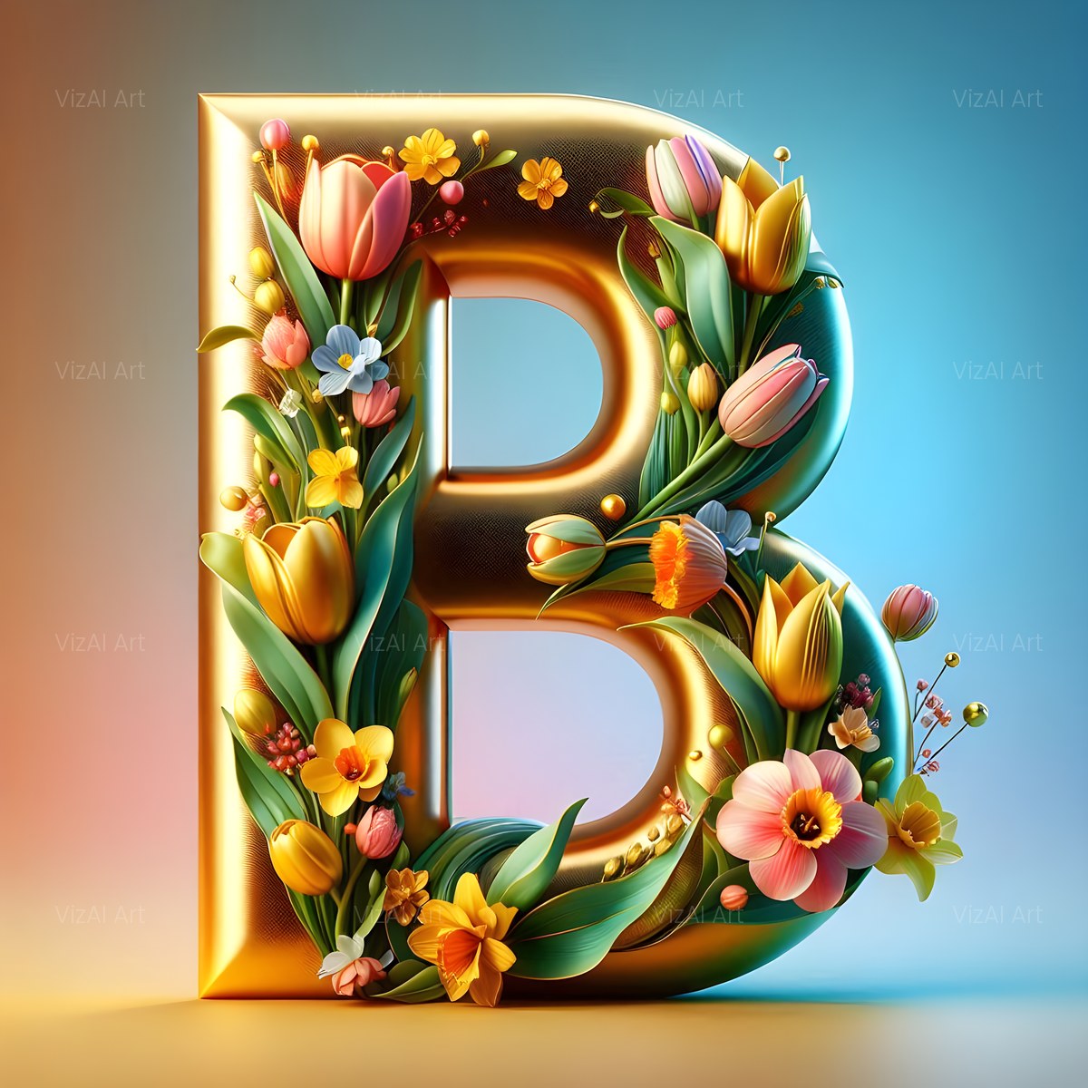 Gold Leaf Blossom alphabet — printable letter B