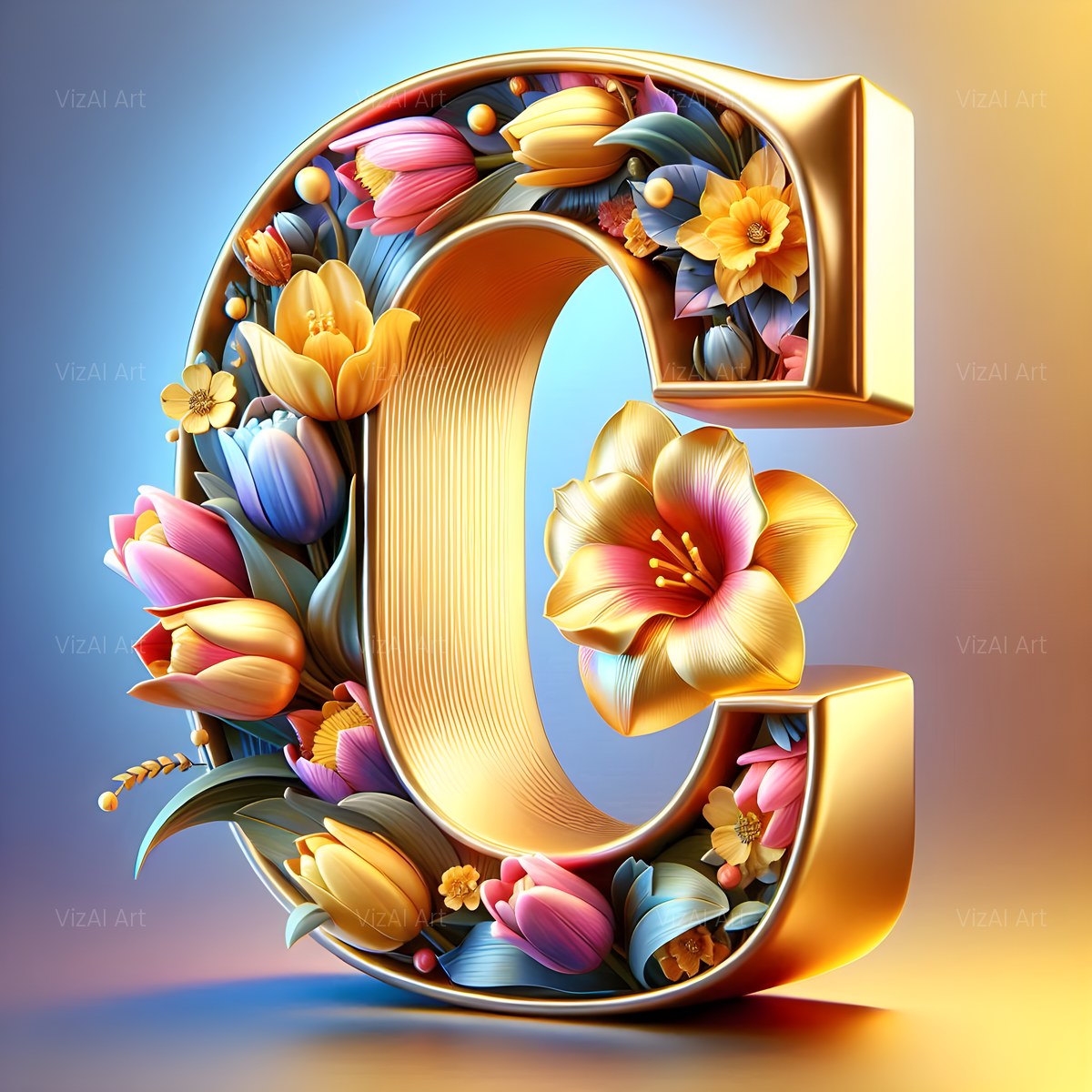 Gold Leaf Blossom alphabet — printable letter C