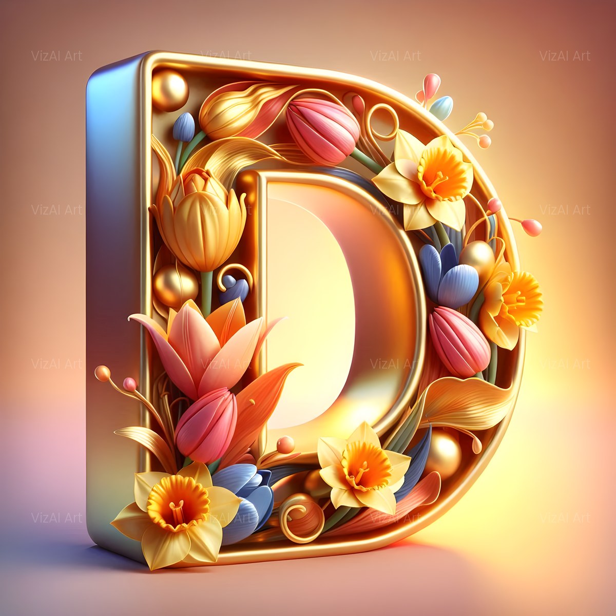 Gold Leaf Blossom alphabet — printable letter D
