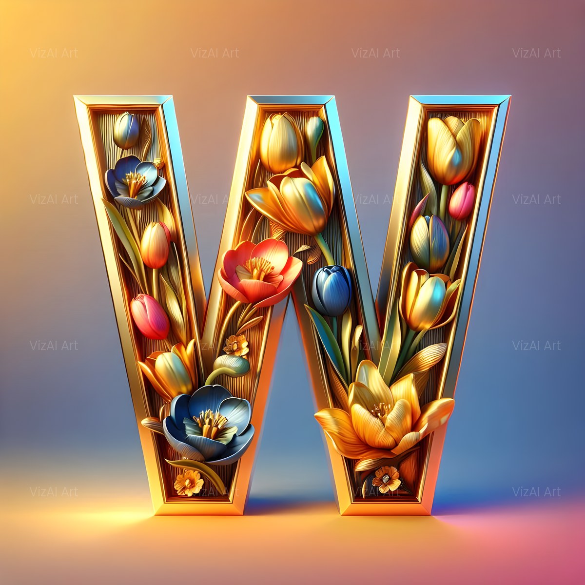 Gold Leaf Blossom alphabet — printable letter W