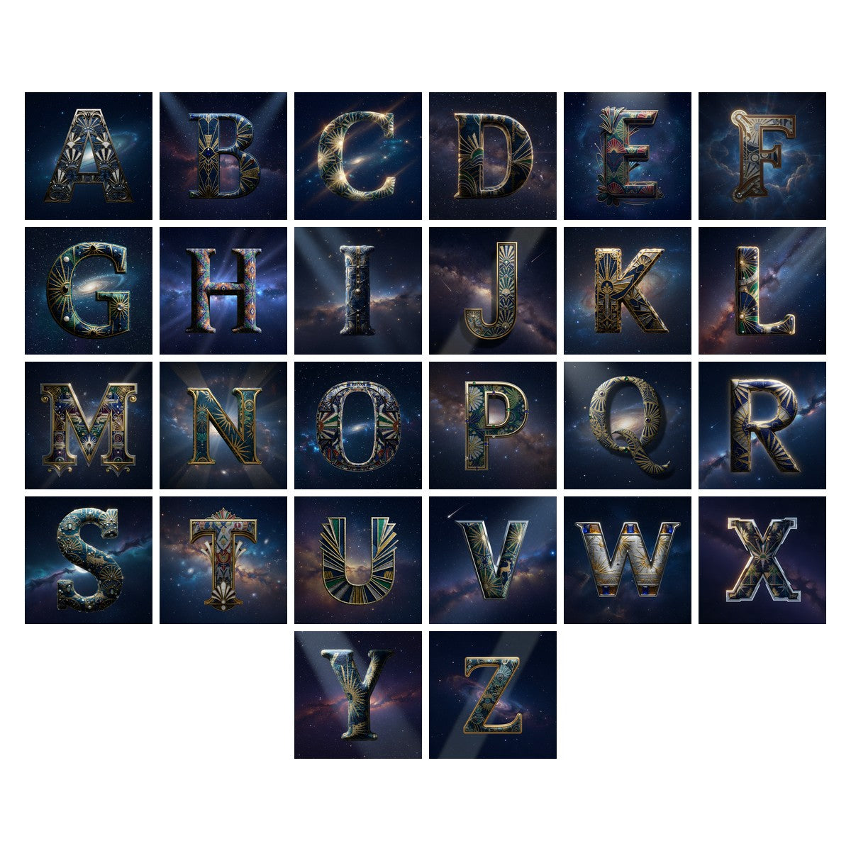Constellation Night alphabet — all 26 letters A to Z, choose any single letter