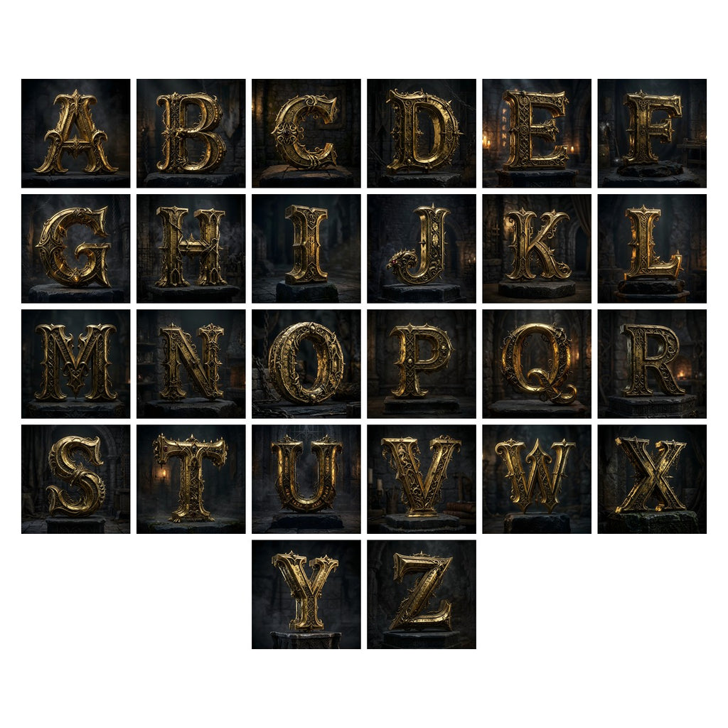 Baroque Gold Ornament alphabet — all 26 letters A to Z, choose any single letter