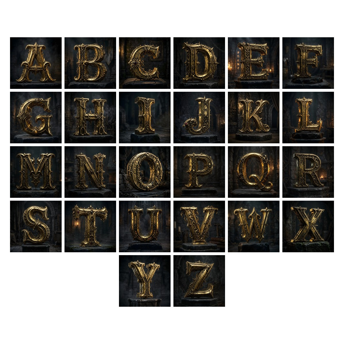 Baroque Gold Ornament alphabet — all 26 letters A to Z, choose any single letter