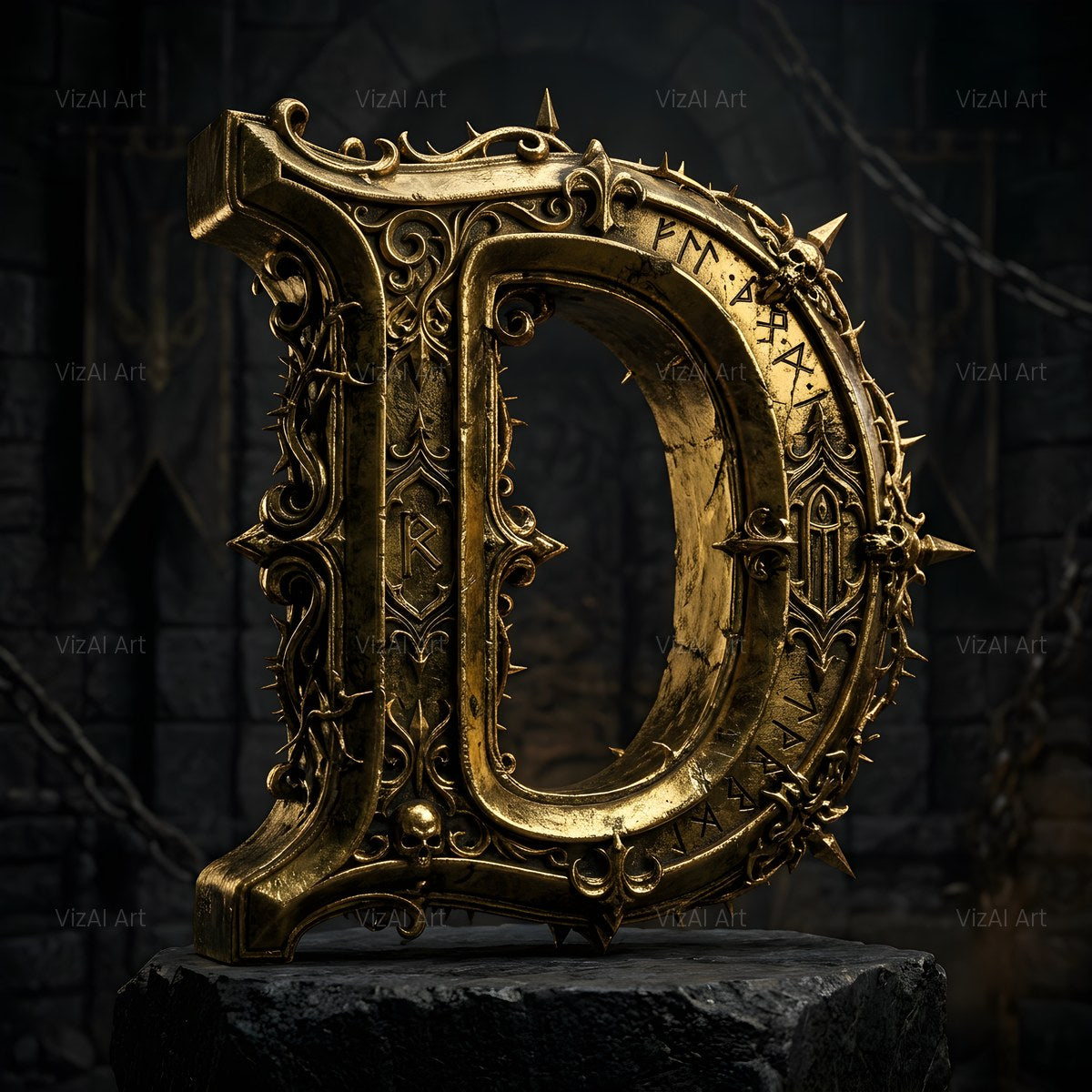 Baroque Gold Ornament alphabet — printable letter D