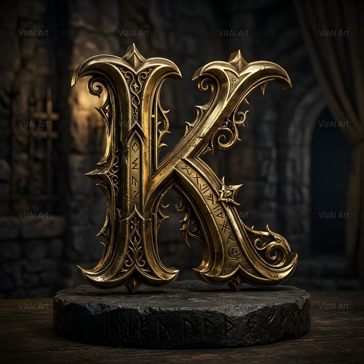Baroque Gold Ornament alphabet — printable letter K