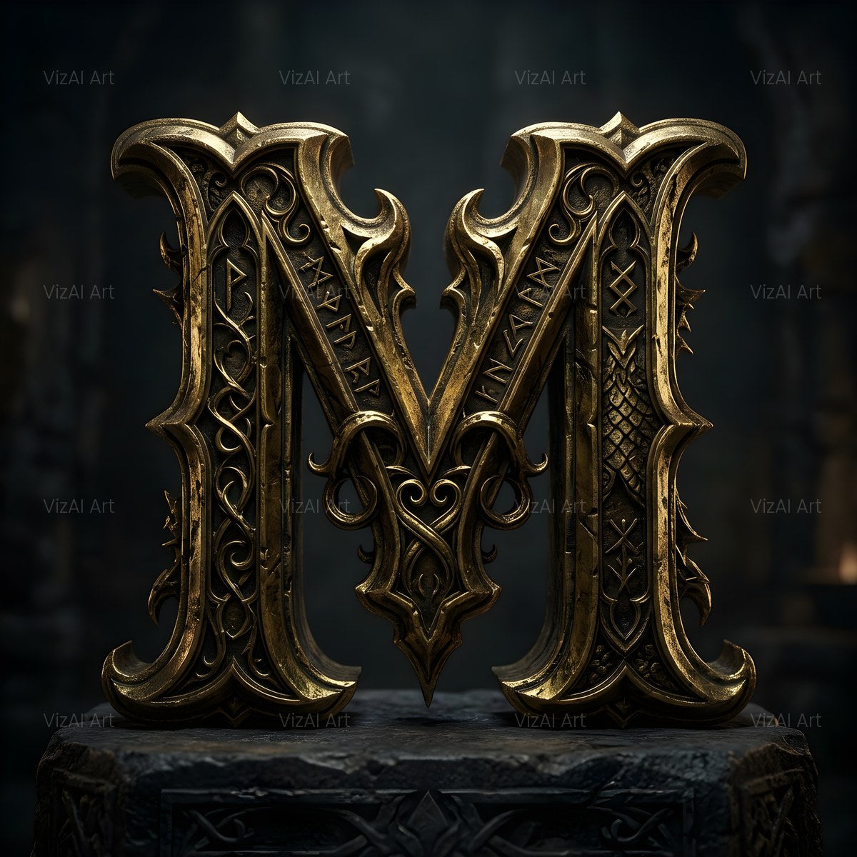 Baroque Gold Ornament alphabet — printable letter M