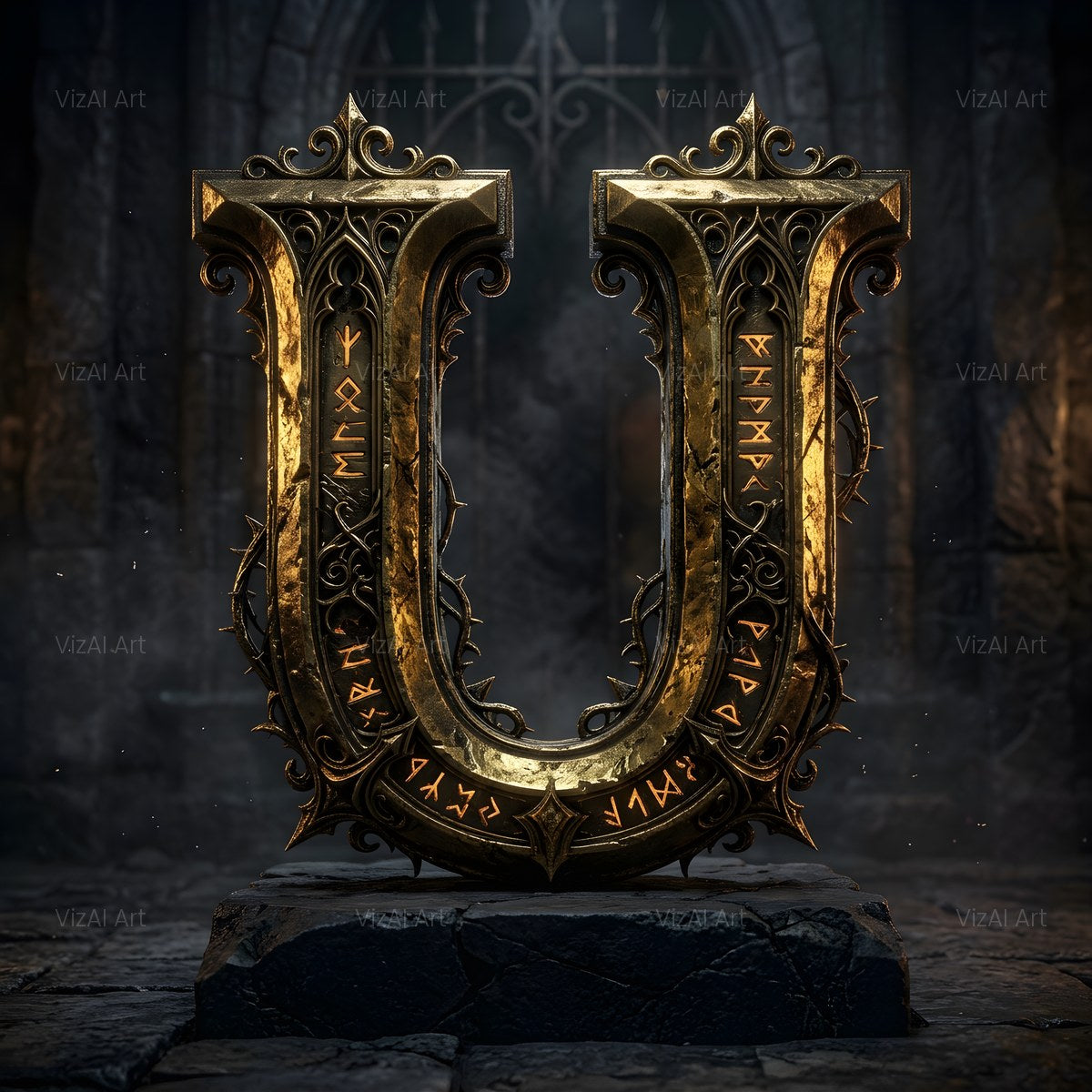 Baroque Gold Ornament alphabet — printable letter U