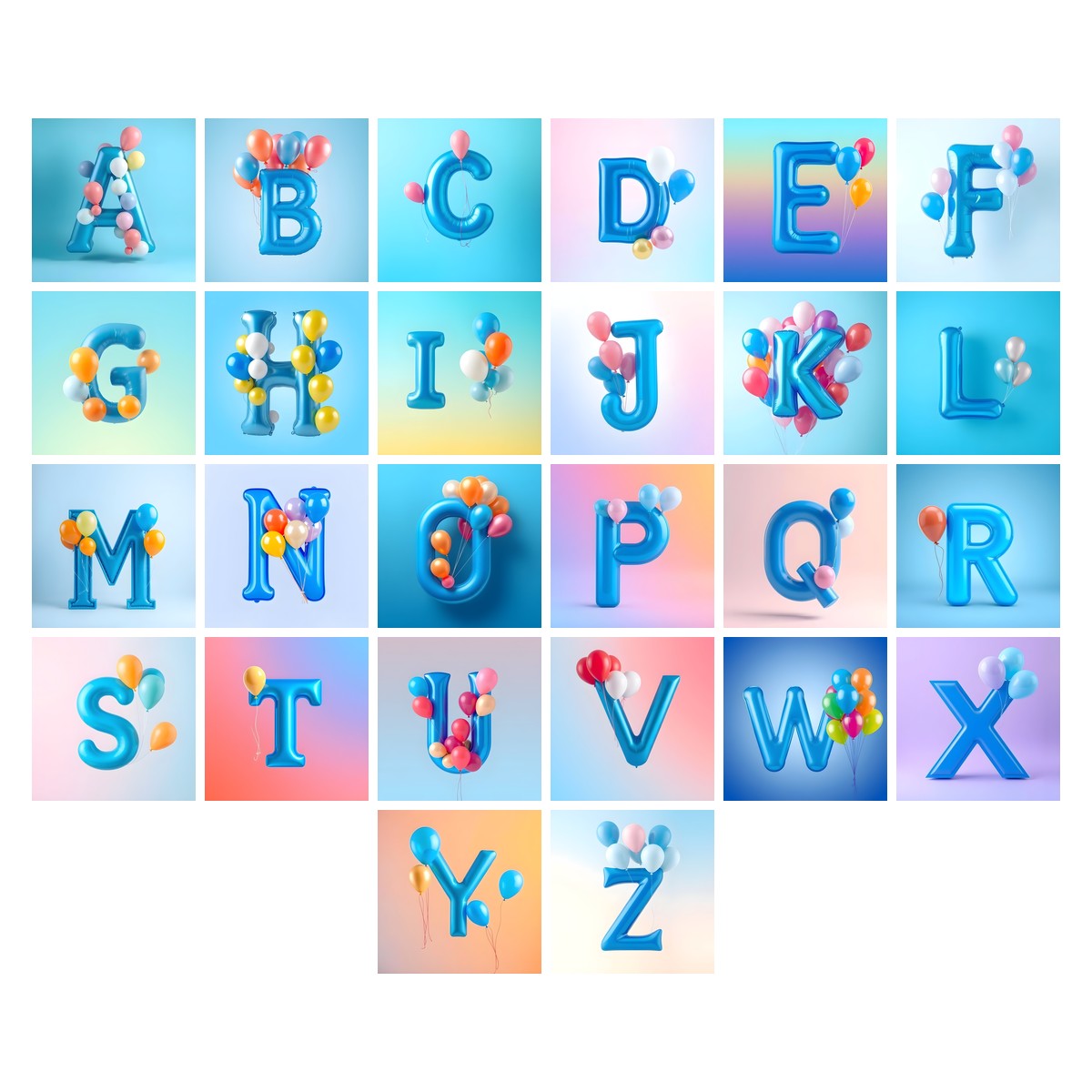 Party Balloon Cheer alphabet — all 26 letters A to Z, choose any single letter