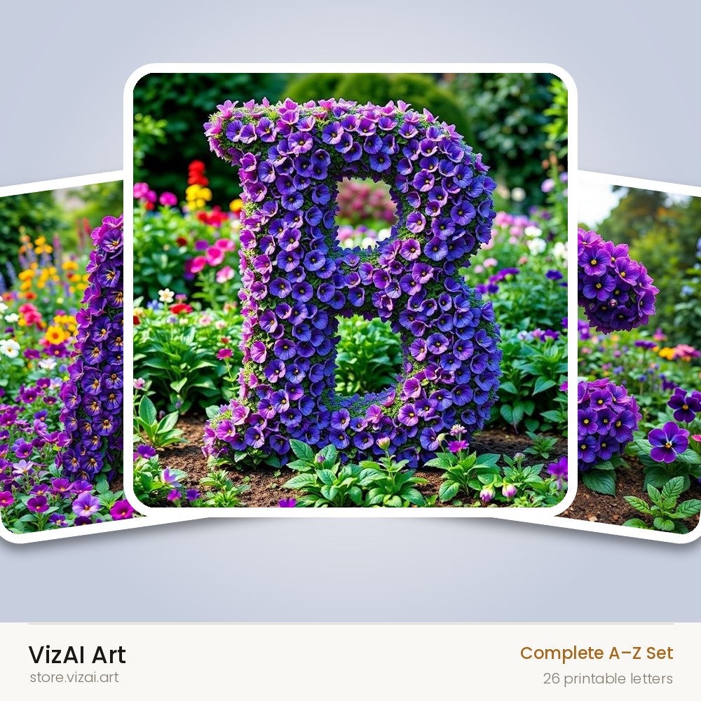 Pansy Garden Bed alphabet — choose an individual printable letter