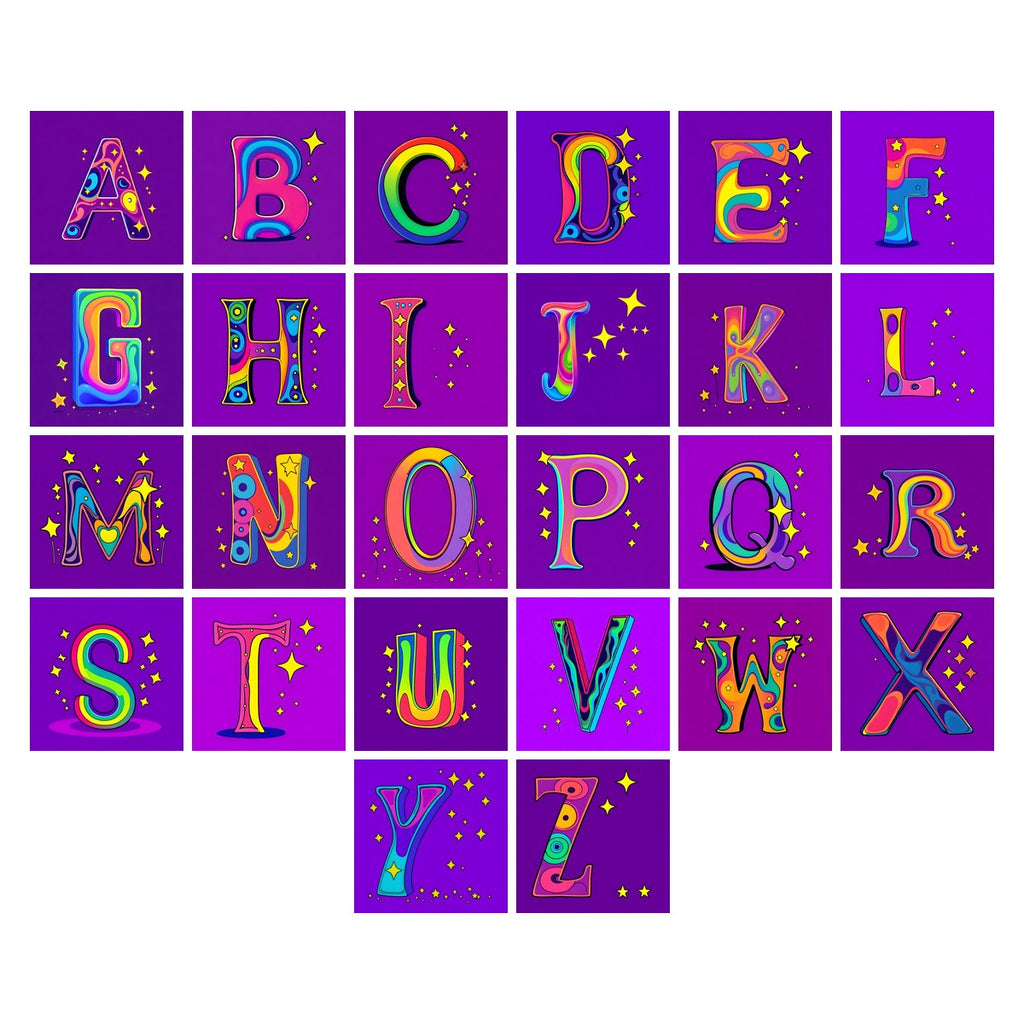 Pop Comic Sparkle alphabet — all 26 letters A to Z, choose any single letter