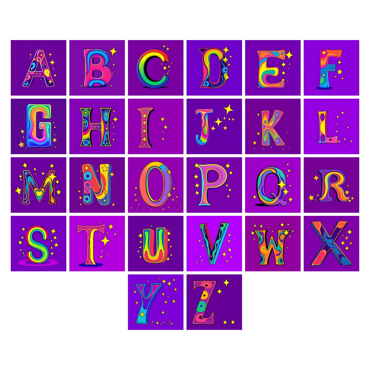Pop Comic Sparkle alphabet — all 26 letters A to Z, choose any single letter