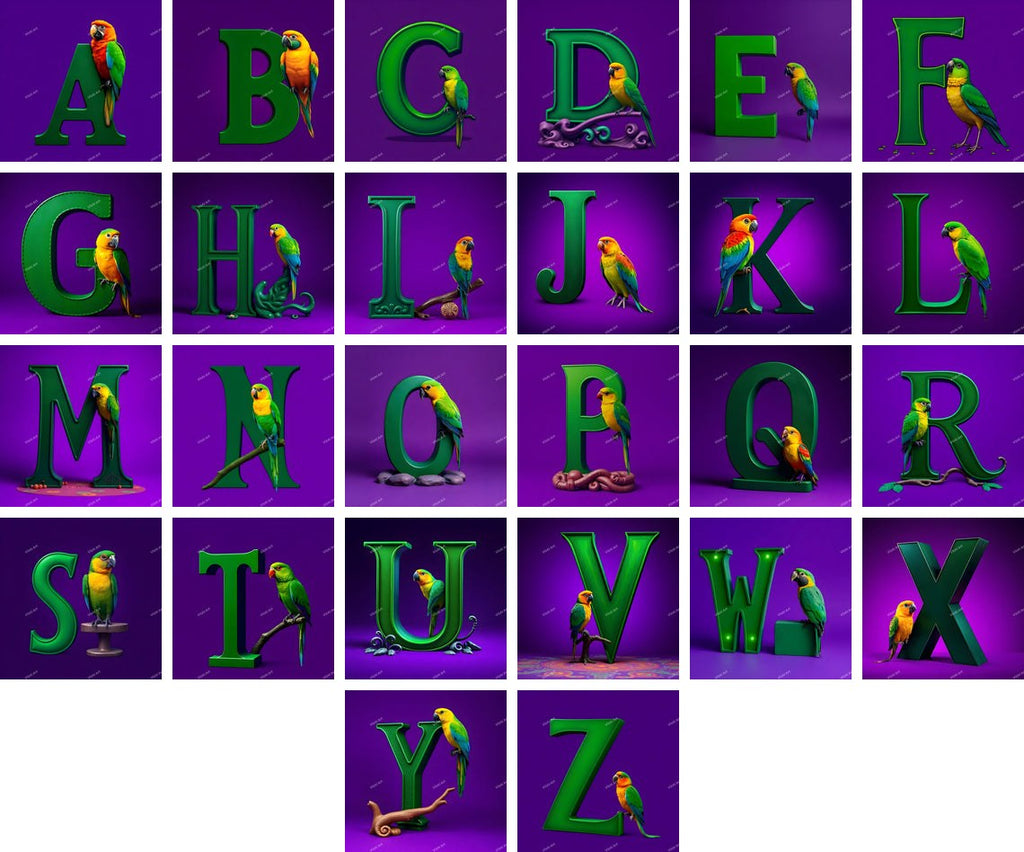Parrot alphabet — all 26 letters A to Z