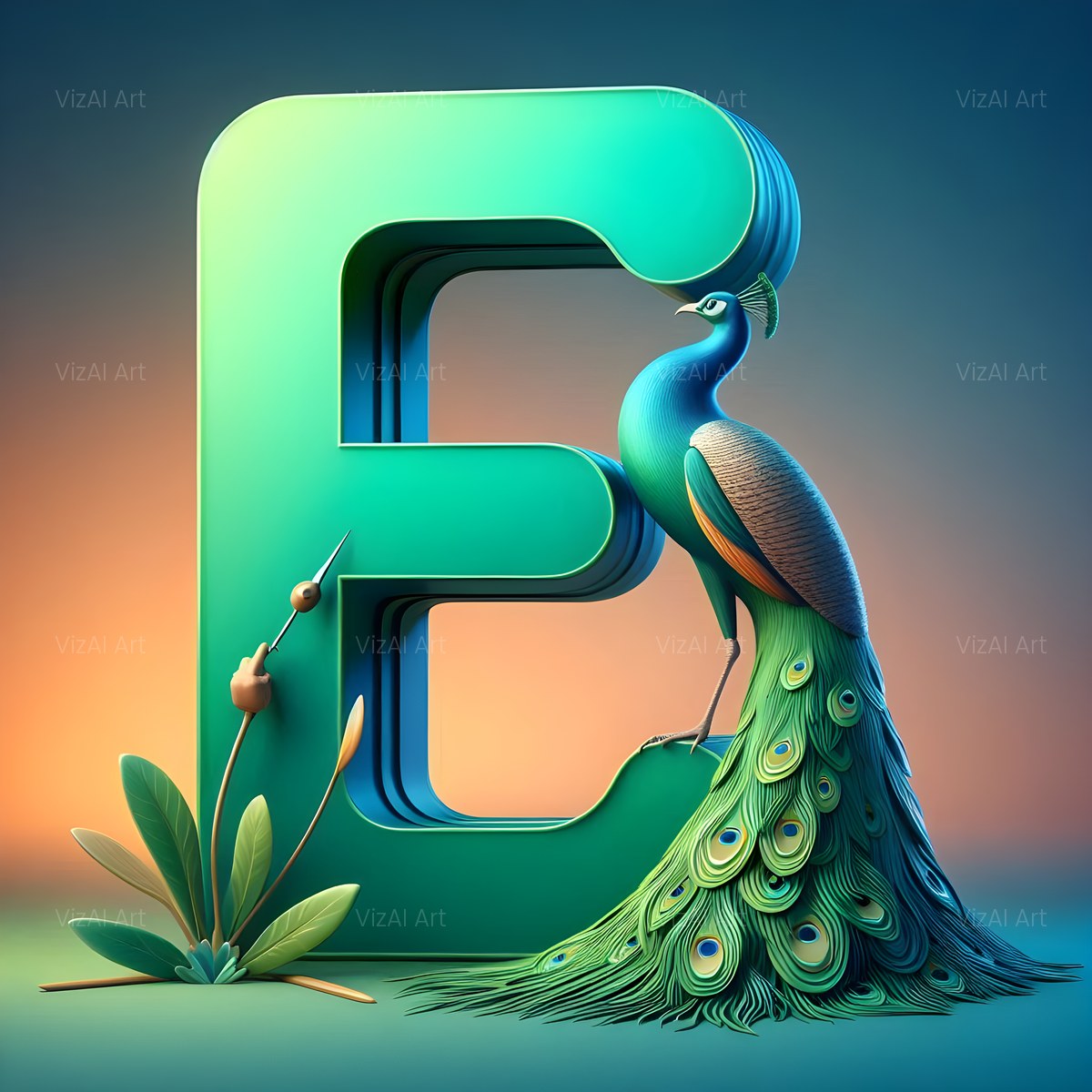 Emerald Peacock Display alphabet — printable letter E