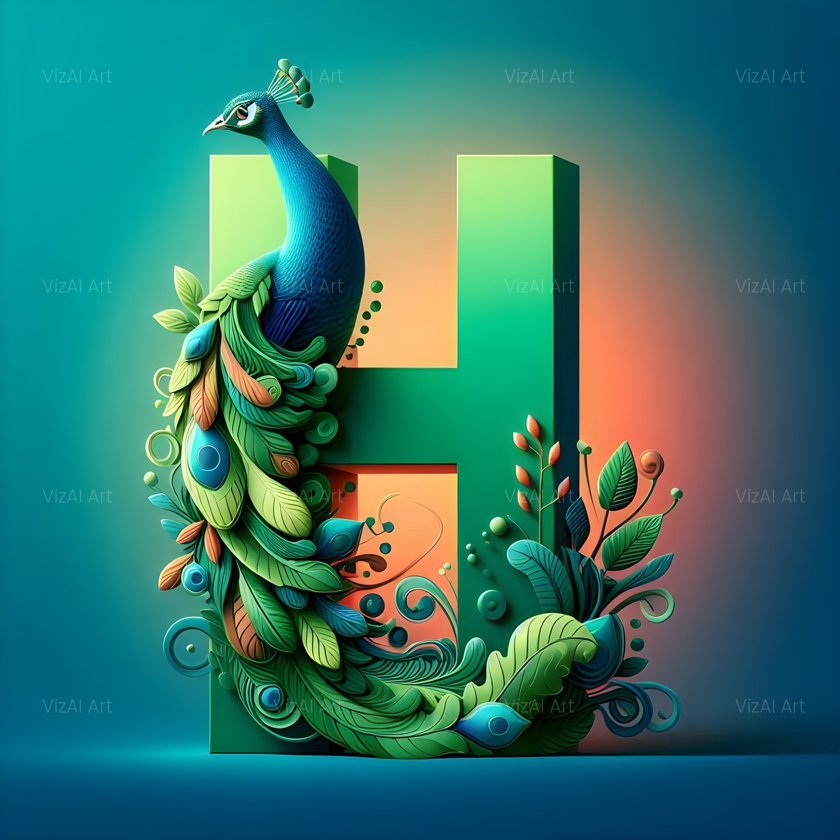 Emerald Peacock Display alphabet — printable letter H
