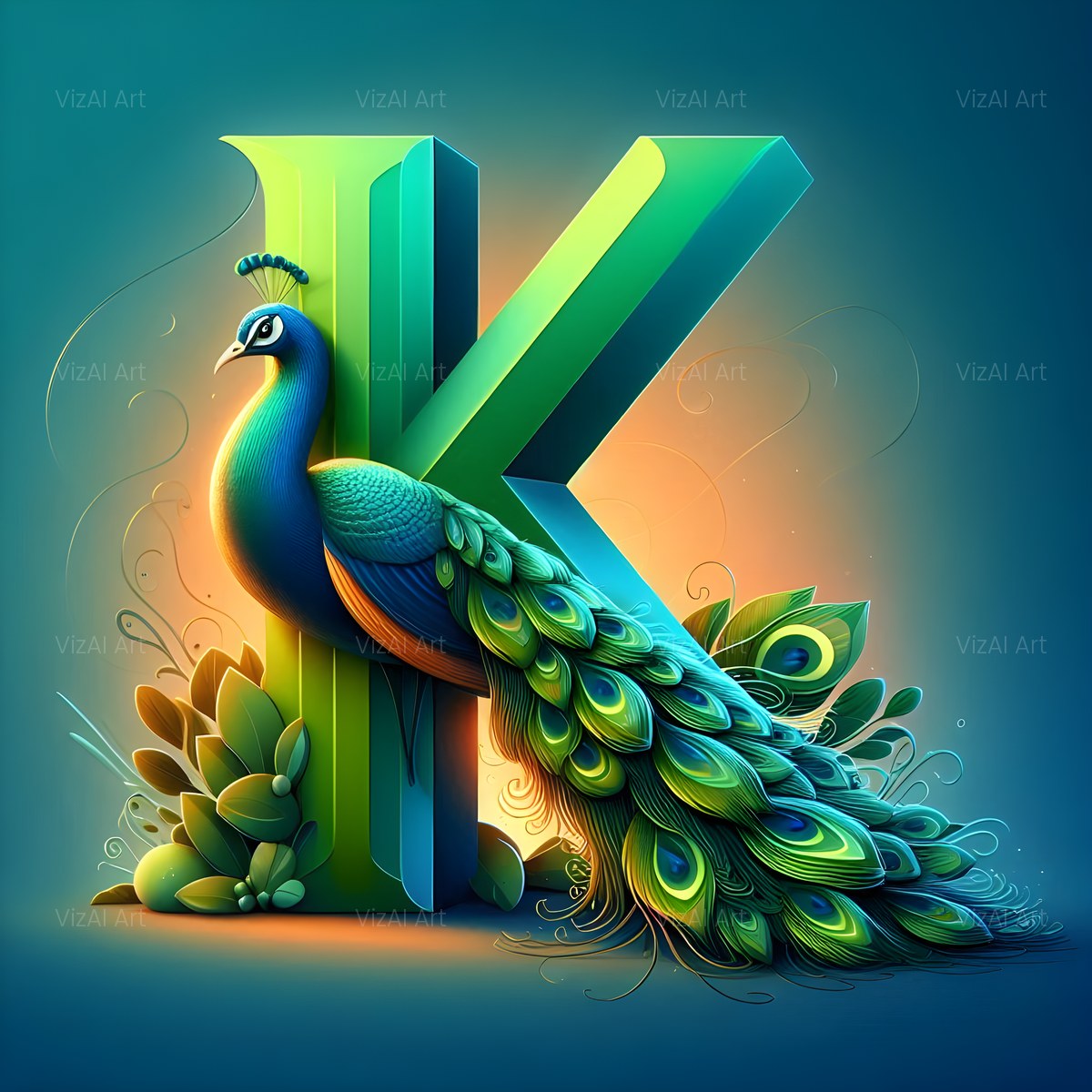 Emerald Peacock Display alphabet — printable letter K