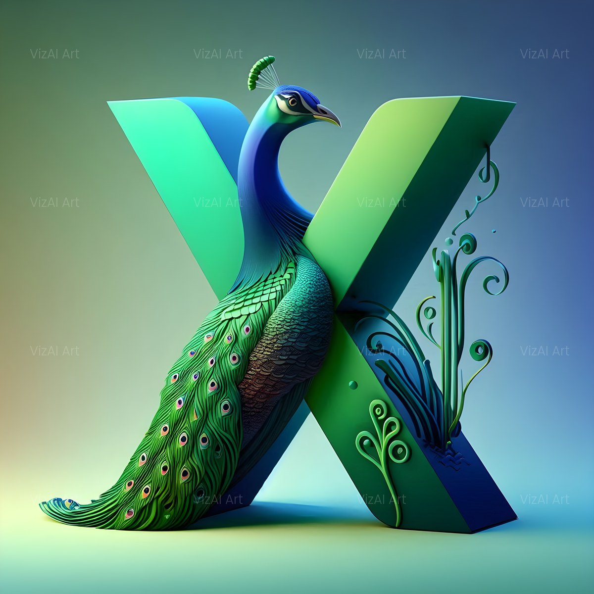 Emerald Peacock Display alphabet — printable letter X