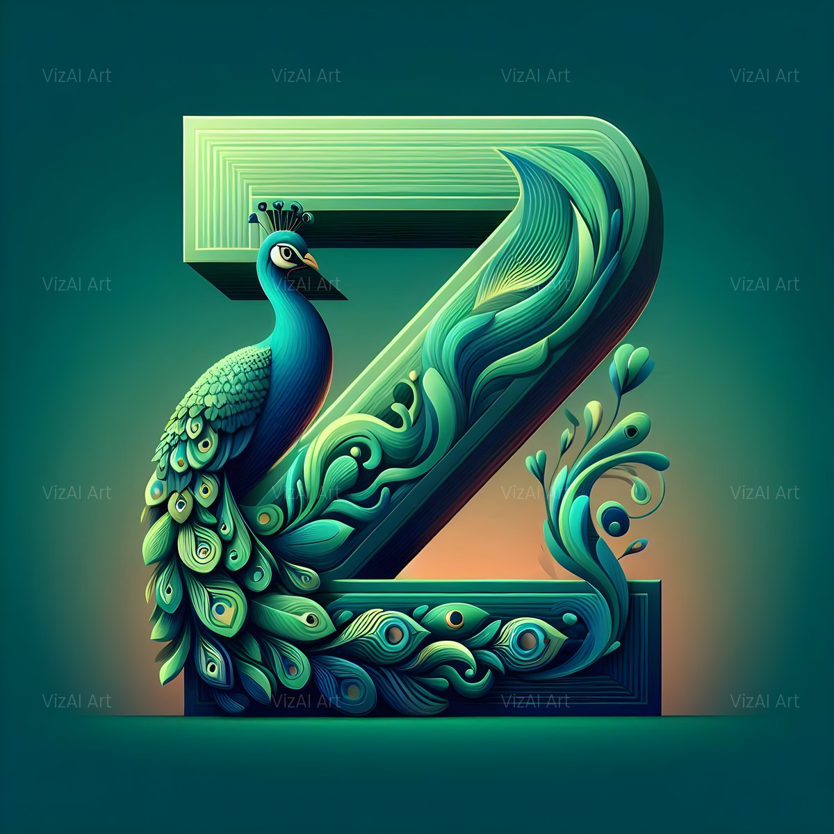 Emerald Peacock Display alphabet — printable letter Z
