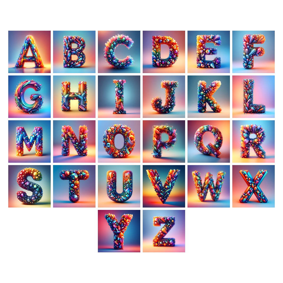 Rainbow Crystal Bead alphabet — all 26 letters A to Z, choose any single letter