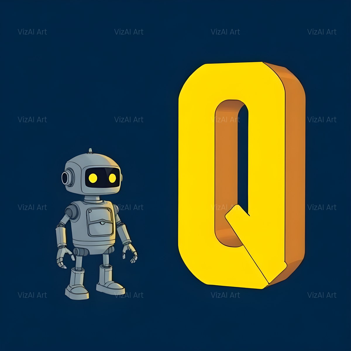 Friendly Yellow Robot alphabet — printable letter Q