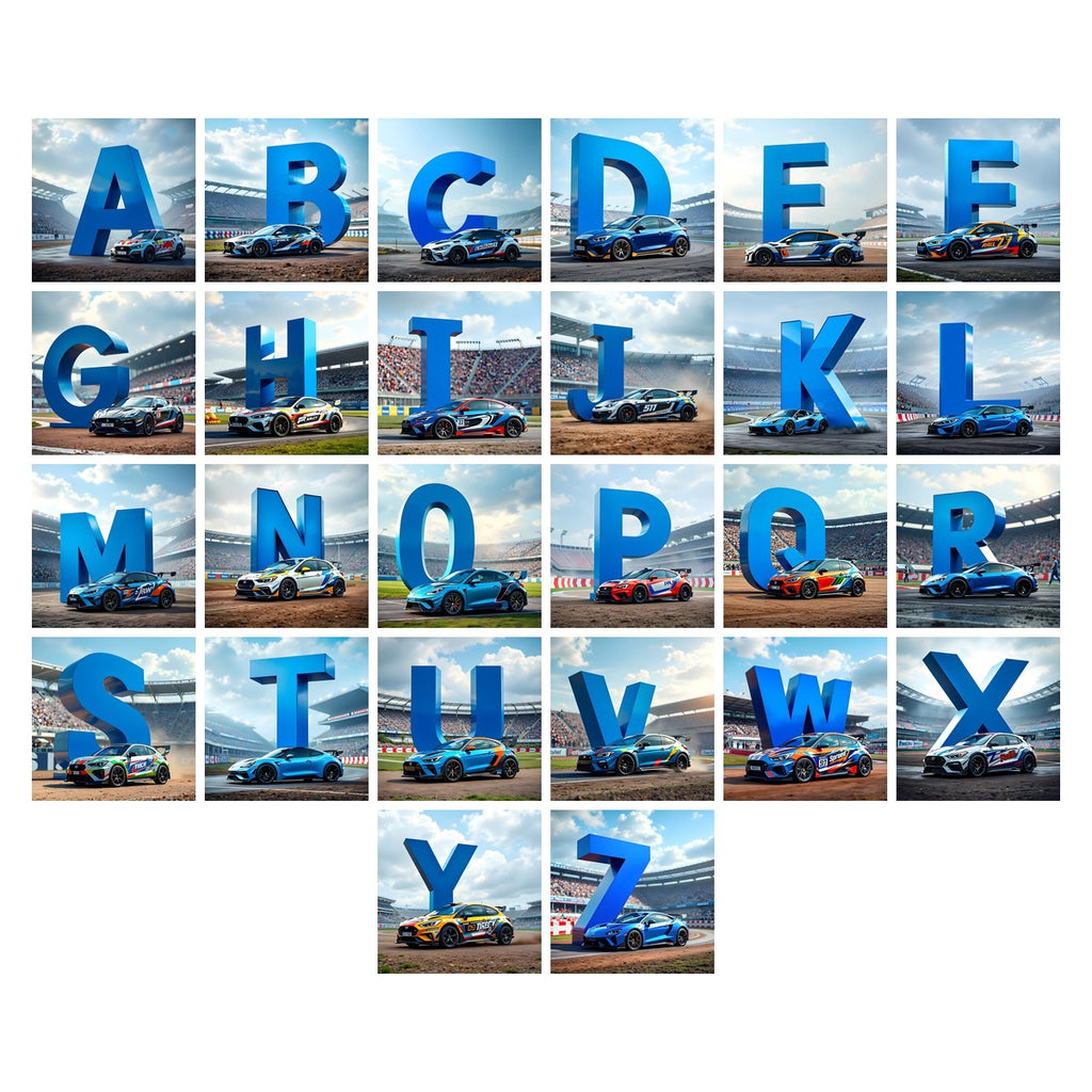 Race Car Circuit alphabet — all 26 letters A to Z, choose any single letter