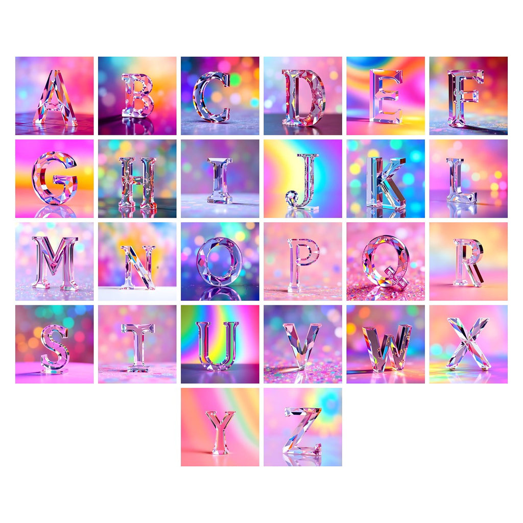 Rainbow Glass Reflection alphabet — all 26 letters A to Z, choose any single letter