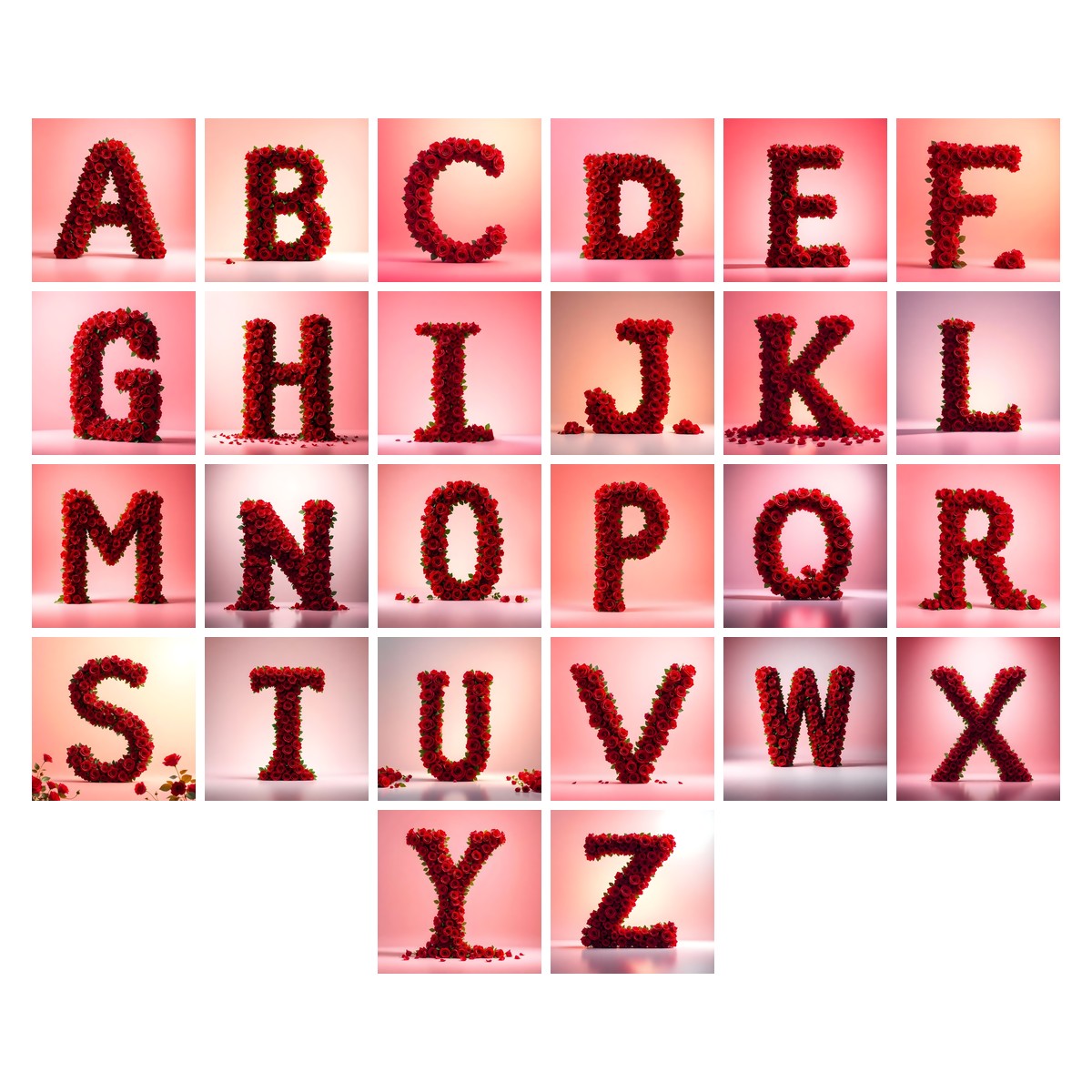 Red Rose Velvet alphabet — all 26 letters A to Z, choose any single letter