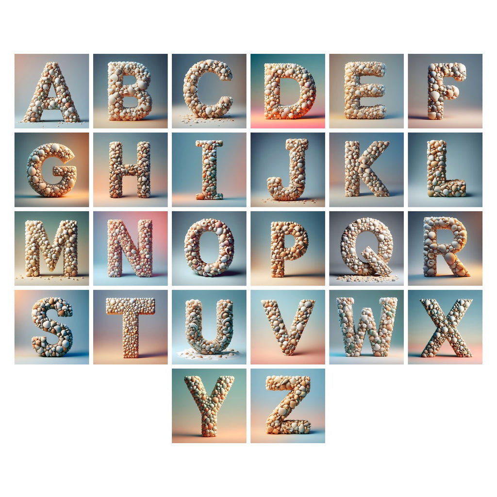 Seashell Beach Drift alphabet — all 26 letters A to Z, choose any single letter